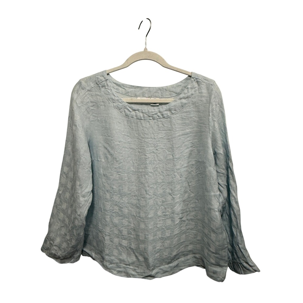 Sigrid Olsen‎ Womens Light Blue 100% Linen Checkered Boat Neck Blouse Size M